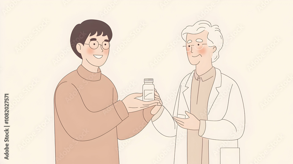 a doctor offers a prescription bottle to a grateful patient a doctor offers a prescription bottle to a grateful patient