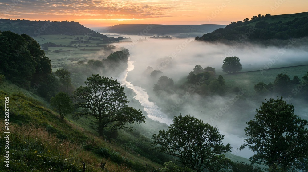 Explore the tranquil beauty of a mist-covered valley at dawn with a meandering river flowing through Explore the tranquil beauty of a mist-covered valley at dawn with a meandering river flowing through