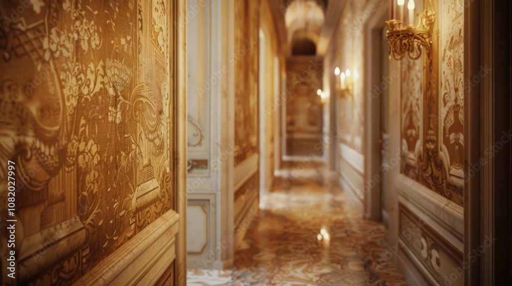 A long, dimly lit hallway with a chandelier and clock on the wall A long, dimly lit hallway with a chandelier and clock on the wall