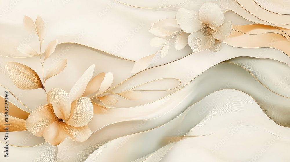 Fototapeta premium Flowing shapes in beige and gold minimalist flowers and gentle light reflections creating a sense of luxury