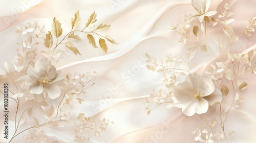 Gold and blush botanical elements satin texture glowing light for a refined luxury wallpaper