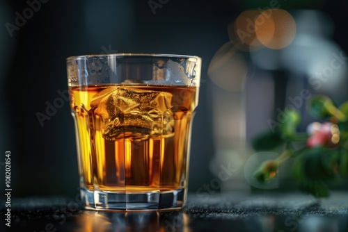 A single glass of whiskey sitting on a table, ready for a drink