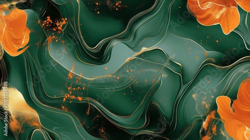 Abstract emerald and orange wallpaper glowing highlights with gold-outlined leaves for luxurious depth