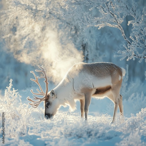 A reindeer grazes in a snowy forest, its breath forming a cloud of steam in the cold air. The trees are covered in frost, and the sun is shining through the branches.