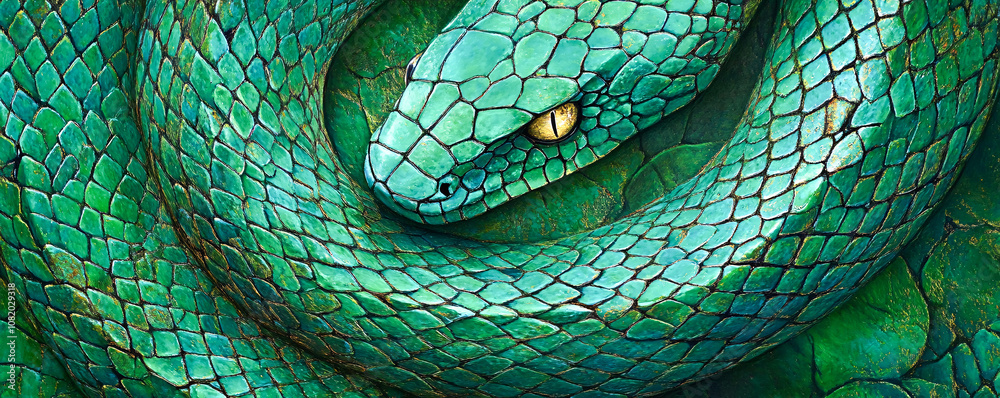 Fototapeta premium A close-up top view of a vibrant green snake with a rich texture, encircling the center of the frame, symbolizing protection and growth, generative AI.