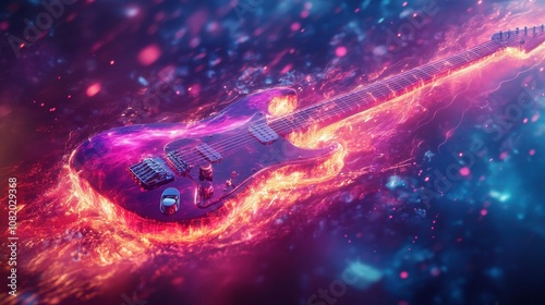 Flowing neon colors surround a guitar on a glowing dynamic background