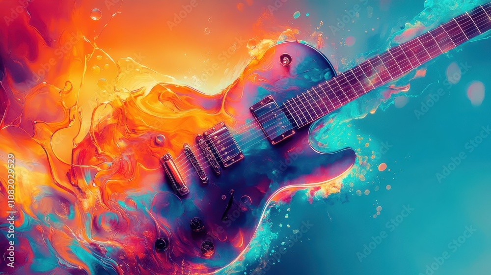 Naklejka premium Fragmented guitars dissolve into splashes on a glowing smooth backdrop