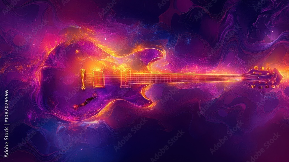 Vibrant shapes blend into a guitar silhouette on a dreamy wallpaper Vibrant shapes blend into a guitar silhouette on a dreamy wallpaper