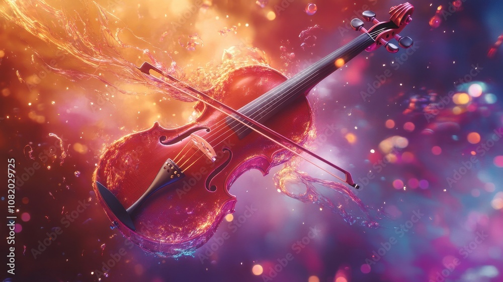 Fototapeta premium Violin dissolves into splashes on a glowing vibrant background