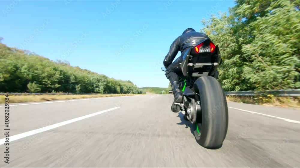 Aerial shot of man riding fast on modern sport motorbike at highway during summer day. Motorcyclist racing his motorcycle on country road. Guy drive bike during trip. Concept of freedom and adventure Aerial shot of man riding fast on modern sport motorbike at highway during summer day. Motorcyclist racing his motorcycle on country road. Guy drive bike during trip. Concept of freedom and adventure