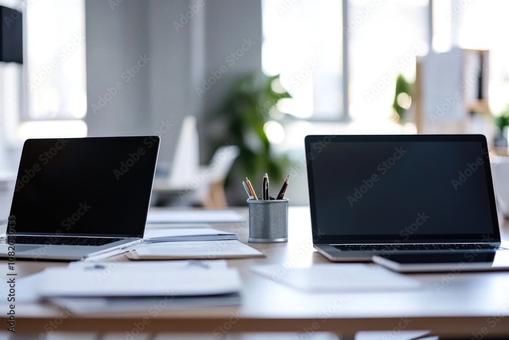 Two laptops placed on a table, ideal for workspace or meeting setup Two laptops placed on a table, ideal for workspace or meeting setup