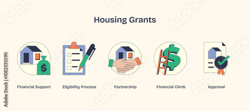 Housing grants visualized with icons like a house, checklist, and handshake, embodying Neubrutalism style.