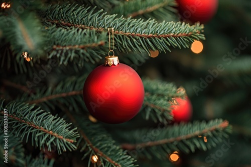 A bright red ornament hangs from a green Christmas tree branch photo