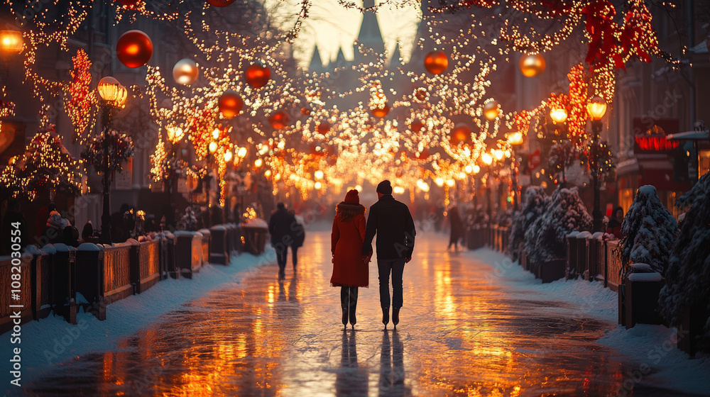 Charming Christmas Illustrations with Featuring A Couple Ice Skating Together In A Decorated City Square Charming Christmas Illustrations with Featuring A Couple Ice Skating Together In A Decorated City Square