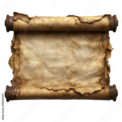 Ancient parchment scroll showcasing historical writings and artistic elements, ideal for educational and illustrative purposes in various media formats., on the transparent background