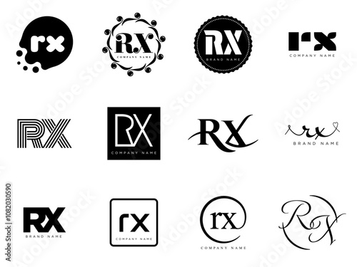RX logo company template. Letter r and x logotype. Set different classic serif lettering and modern bold text with design elements. Initial font typography.