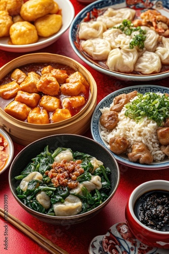 A traditional Asian-inspired table setting featuring various dishes and utensils