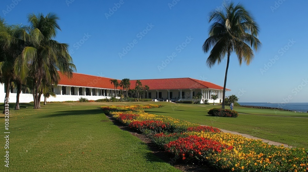 Fototapeta premium Scenic Coastal Resort with Colorful Flower Beds and Palm Trees Under Clear Blue Sky, Perfect for Relaxation and Leisure Activities Near the Beachfront