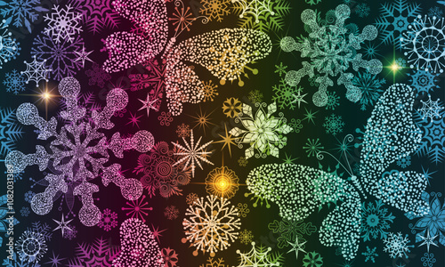 Vector hand drawn colorful Christmas seamless pattern with snowflakes and butterflies on a dark background