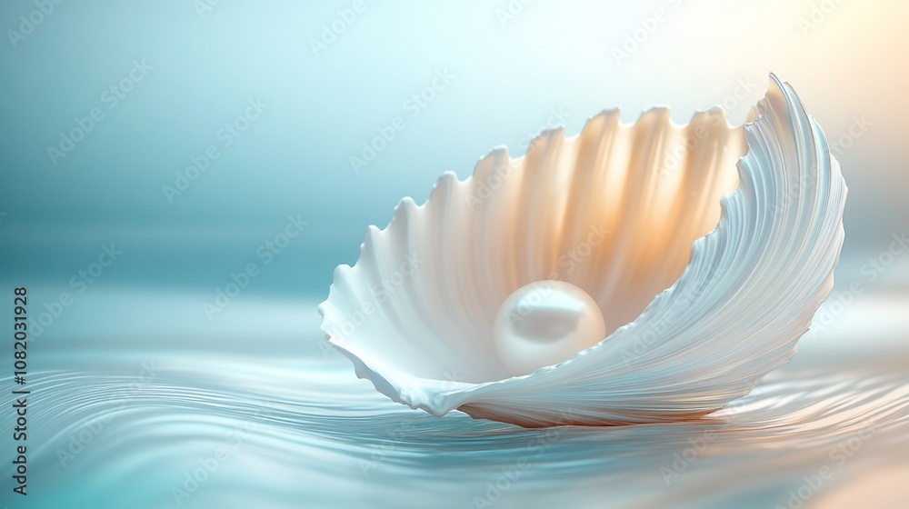 A single pearl rests in a white seashell on a blue and white water-like background. A single pearl rests in a white seashell on a blue and white water-like background.