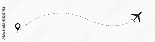 air plane reach in the destination. air plane route. airplane location. destination. reach. landing. dotted line.
