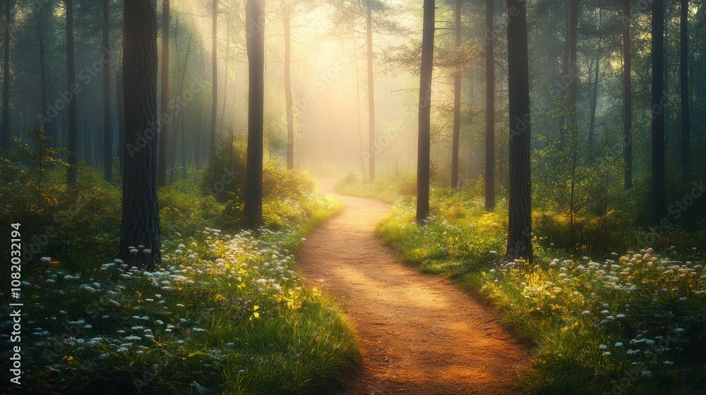 Naklejka premium A Sunlit Path Through a Misty Forest