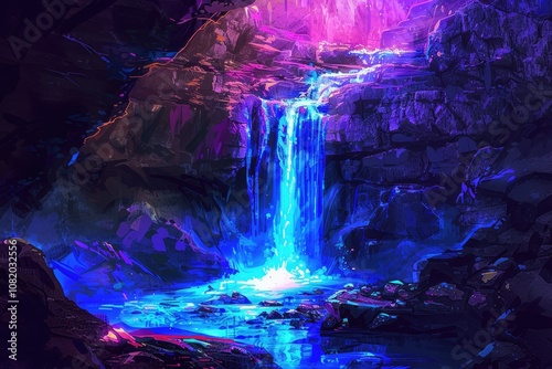 A blue waterfall flowing into a dark, rocky pool with a purple glow