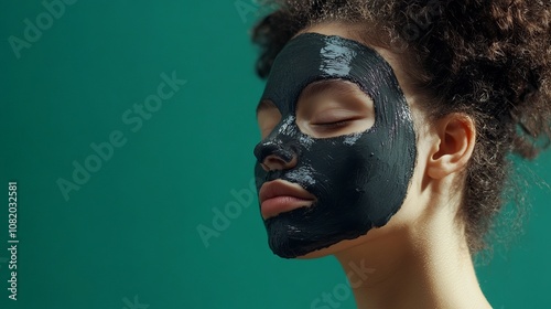 A young woman with an activated charcoal mask on her face against a green background