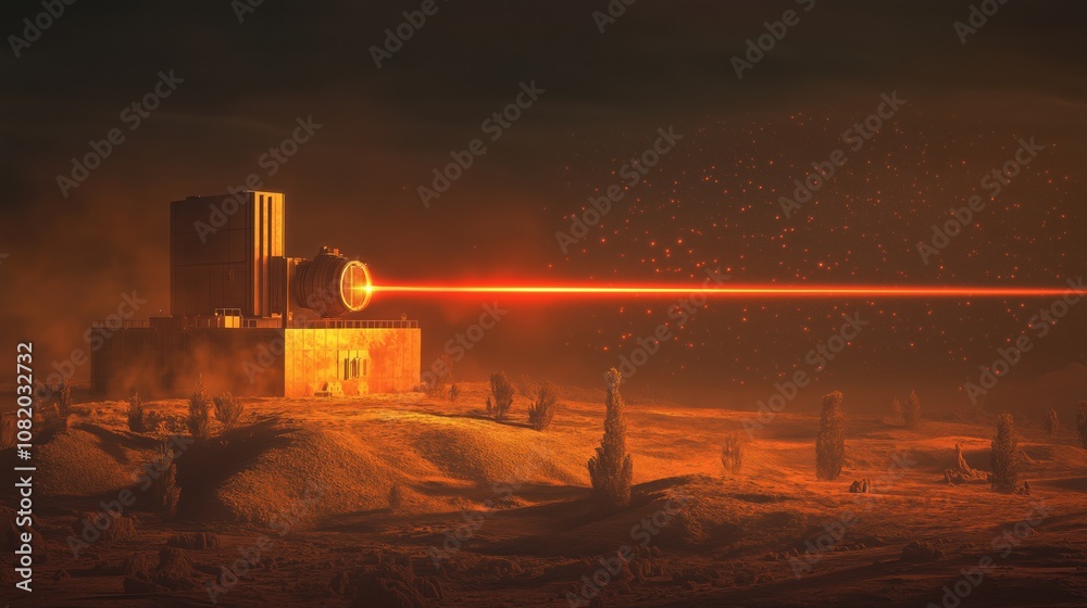 A powerful laser defense system is actively engaging targets in a remote desert environment during twilight hours A powerful laser defense system is actively engaging targets in a remote desert environment during twilight hours