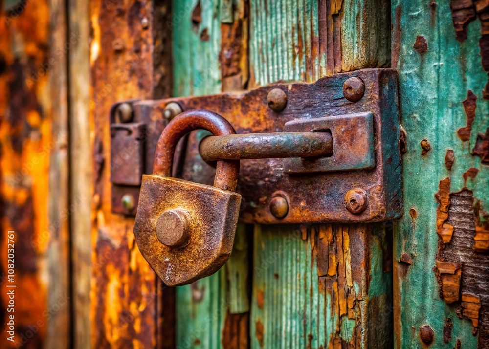 A close-up reveals the textured surface of a rusted garage door padlock. A close-up reveals the textured surface of a rusted garage door padlock.
