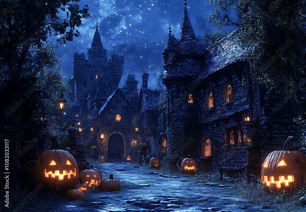 A castle surrounded by pumpkins with the castle in the background, spooky Halloween scene. A castle surrounded by pumpkins with the castle in the background, spooky Halloween scene.