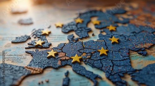 Detailed Close-Up of a Map of Europe with Golden Stars Symbolizing European Union Countries on Blue Background with a Warm Glow