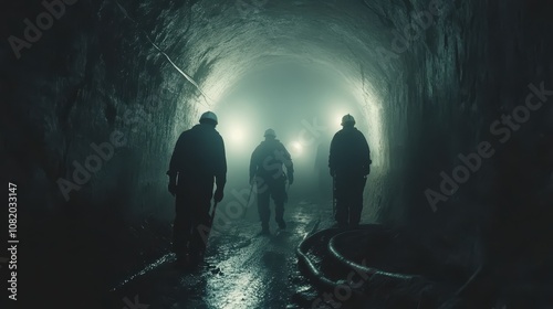 Miners in hard hats and gear descending into a dark underground mine with headlamps.