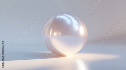 A single, large, white pearl sits on a white, reflective surface. The pearl is perfectly round and smooth, and its surface reflects the light from above, creating a soft, glowing effect.