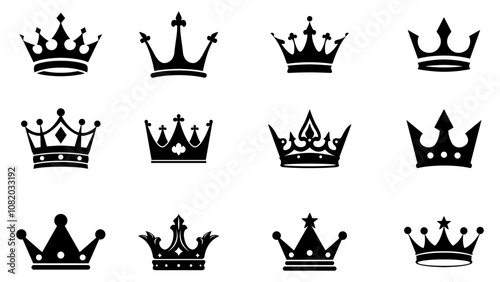 Royal crowns silhouette style icons. Queen and King crown, majestic corona authority and premium pictograms. Royalty and luxury stencil vector symbols set.