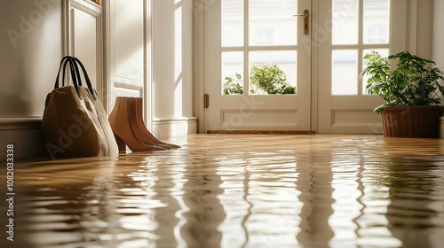 Waterlogged Entryway with Reflections on Floor Highlighting Flood Damage and Everyday Items Amidst a Bright Natural Light Environment