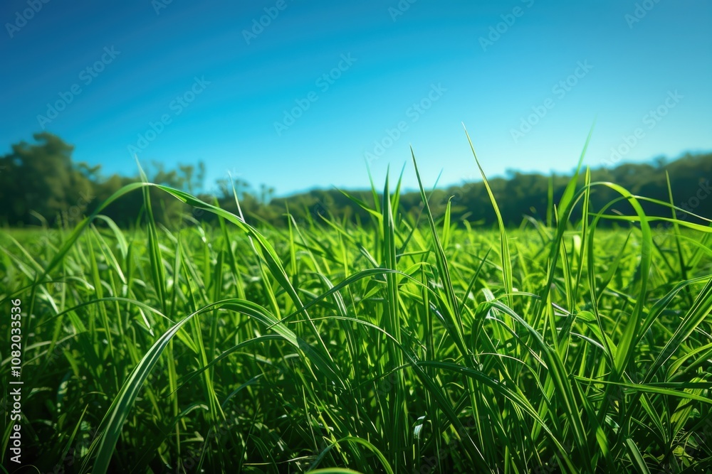 Obraz premium A serene landscape with lush green grass and trees in the background, perfect for use in nature-inspired designs or as a backdrop