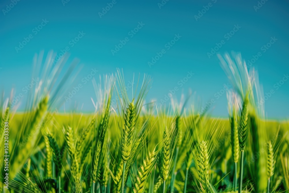 Obraz premium A field of green wheat with a blue sky in the background, suitable for rural or agricultural-themed images