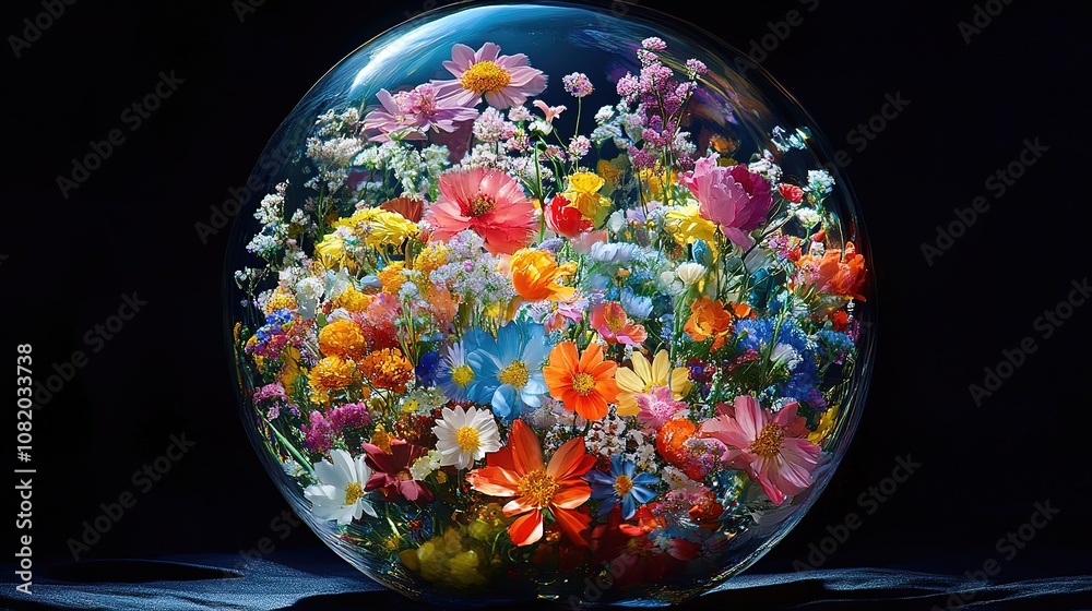 Fototapeta premium Colorful flowers encased in a glass sphere, showcasing nature's beauty.