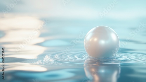 A single, white pearl floats on the surface of a calm blue body of water with ripples extending outward.