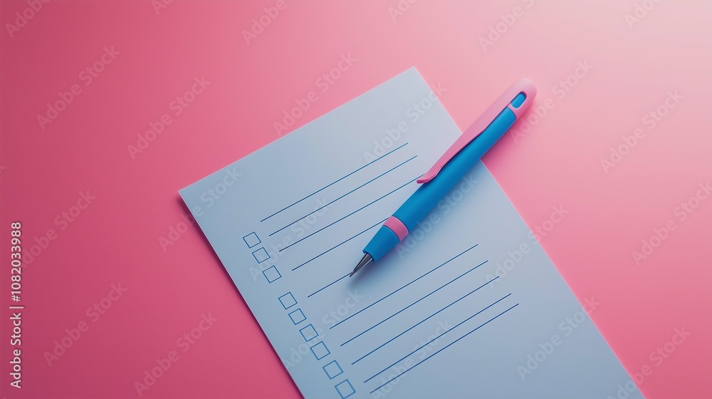 Blue Pen on Blank Checklist Paper with Pink Background for Planning, Organizing Tasks, and Productivity Management in Personal and Professional Settings Blue Pen on Blank Checklist Paper with Pink Background for Planning, Organizing Tasks, and Productivity Management in Personal and Professional Settings