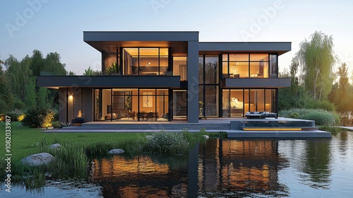 Modern architectural design of a luxurious house by a serene lake surrounded by lush greenery and landscaped gardens, showcasing contemporary lifestyle and tranquility.