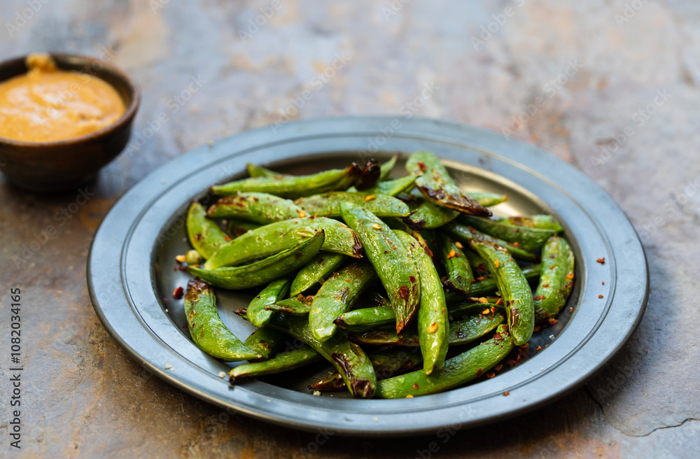 Grilled sugar snap pea with peanut butter sauce Grilled sugar snap pea with peanut butter sauce