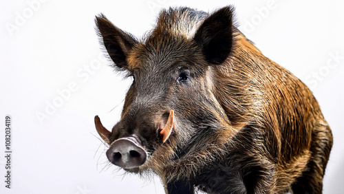 Portrait of a wild boar on a white background.