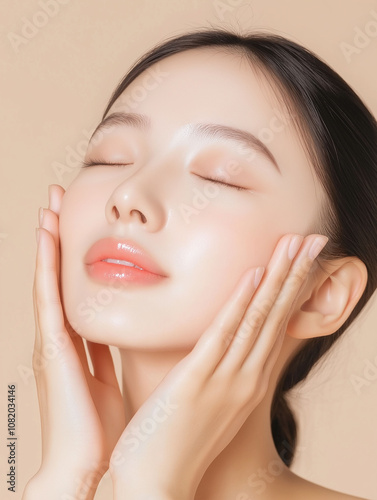 A young woman enjoys a skincare routine while gently massaging her face in a serene setting, highlighting her natural beauty
