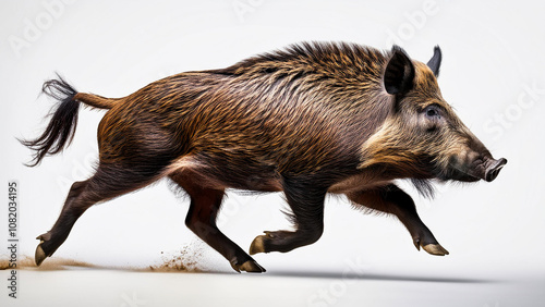 Running wild boar isolated on white background.