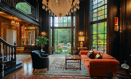 Modern chandelier in a floating home on a rocky outcrop, featuring aerodynamic design and a breathtaking view of a serene valley and distant mountains