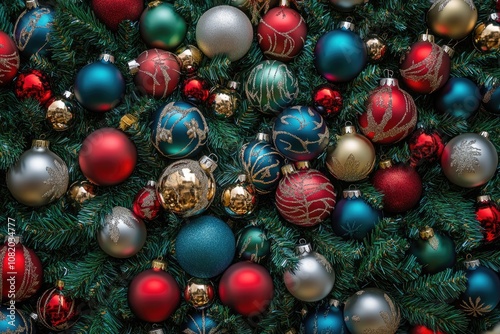 A collection of Christmas ornaments on top of a decorated Christmas tree