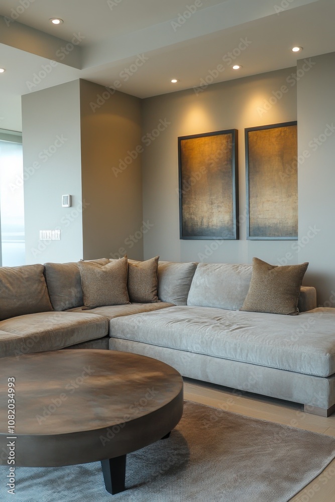 A modern, minimalist living room that functions as a family room, with a simple and elegant design. 