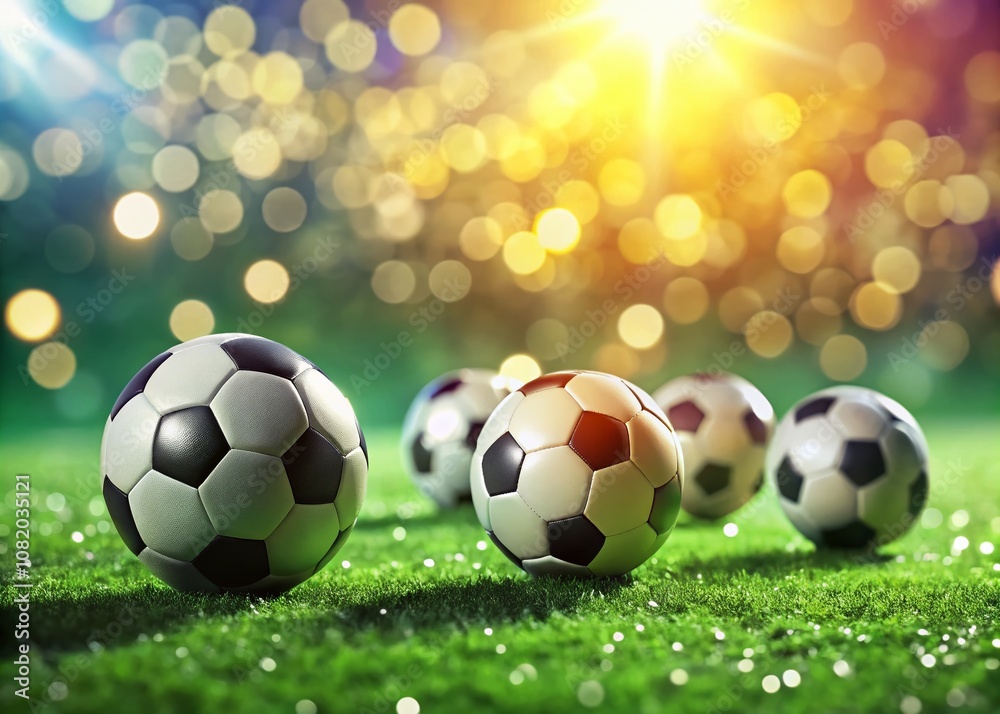 Fototapeta premium Bokeh-filled stadium shot of footballs on the field.